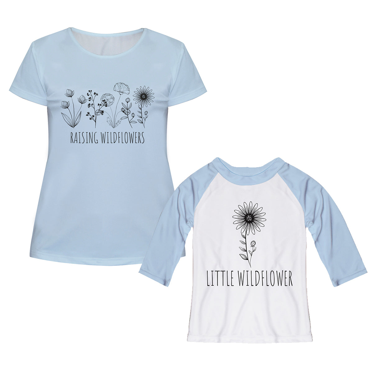 Little Wildflower Light Blue and White Raglan Tee Shirt 3/4 Sleeve - Wimziy&Co.