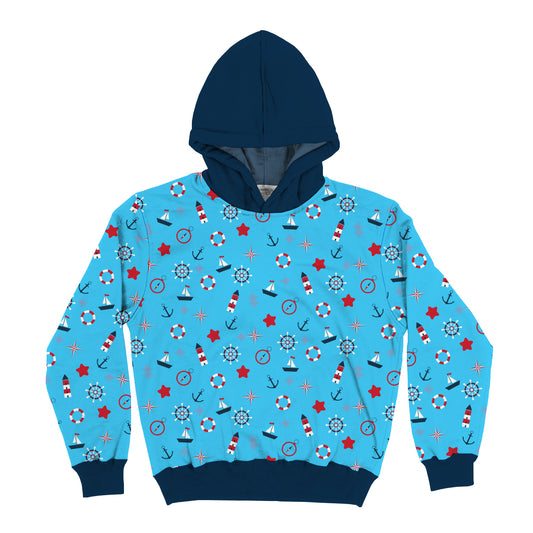 Nautical Print Turquoise and Navy Heavy Weight Performance 4-way Stretch Hoodie