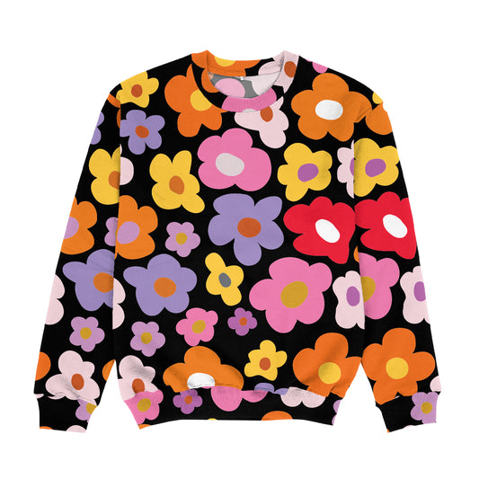 Abstract Flowers Print Purple and Pink Black Crewneck Sweatshirt