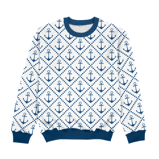 Anchor Print White and Navy Crewneck Sweatshirt