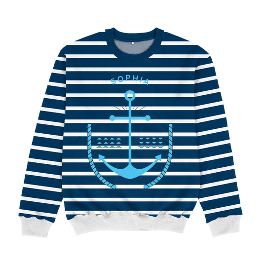 Anchor Personalized Name Navy Stripes Crewneck Sweatshirt