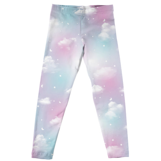 Clouds and Stars Print White Blue Pink Watercolor Leggings