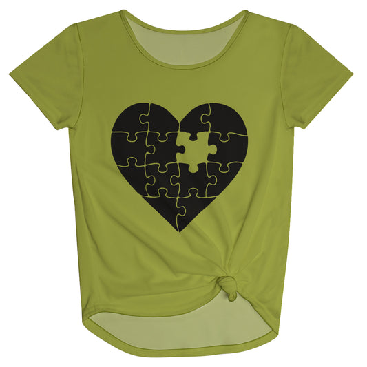 Heart Puzzle Green Short Sleeve Knot Top