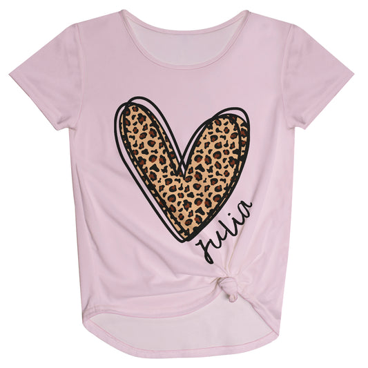 Heart Leopard Print Personalized Name Pink Short Sleeve Knot Top