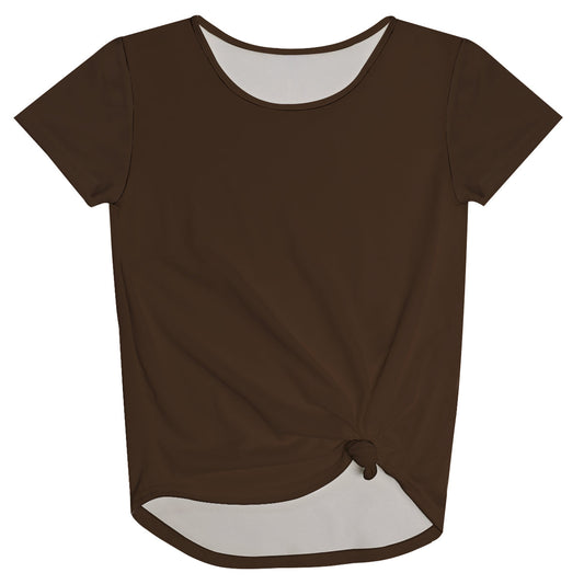 Brown Solid Short Sleeve Knot Top