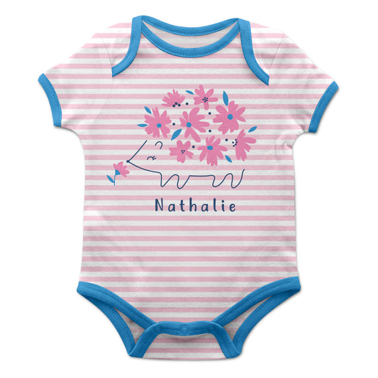 Flowers Personalized Name Pink and White Stripes Short Sleeve Onesie