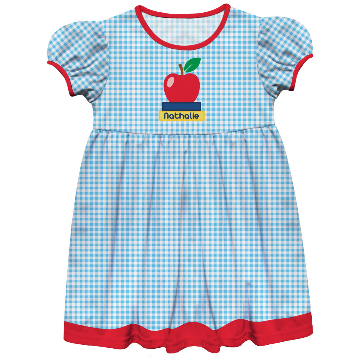 Apple Personalized Name Light Blue and White Check Short Sleeve Epic Dress