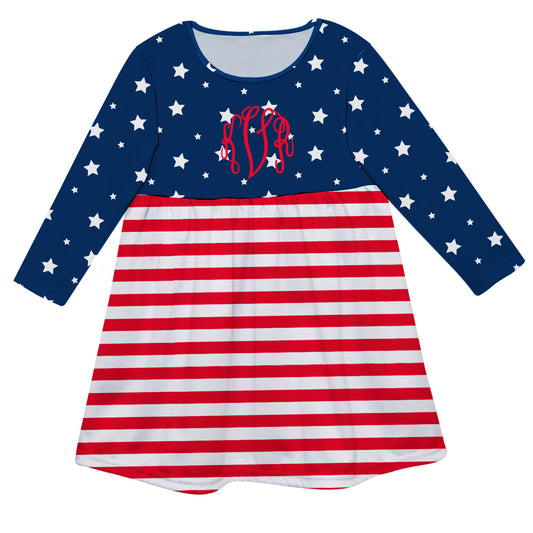 American Stars Personalized Monogram Navy White and Red Stripes Long Sleeve Epic Dress