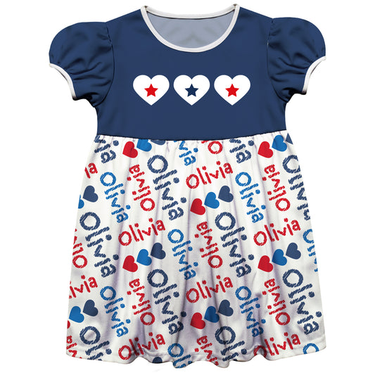 Hearts and Name Print Navy and White Short Sleeve Epic Dress