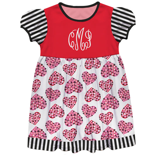 Hearts Print Personalized Monogram Red White and Black Stripes Short Sleeve Epic Dress