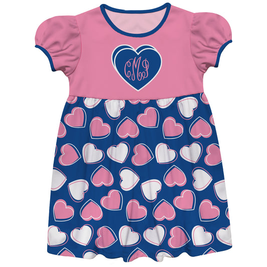 Hearts Print Personalized Monogram Pink and Royal Short Sleeve Epic Dress