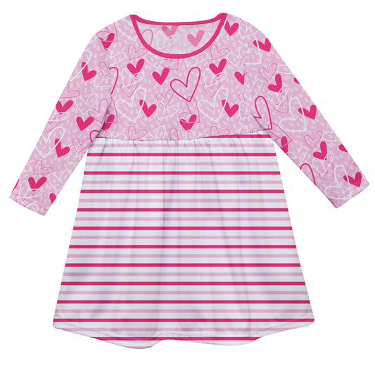 Hearts Print Pink and White Stripes Long Sleeve Epic Dress