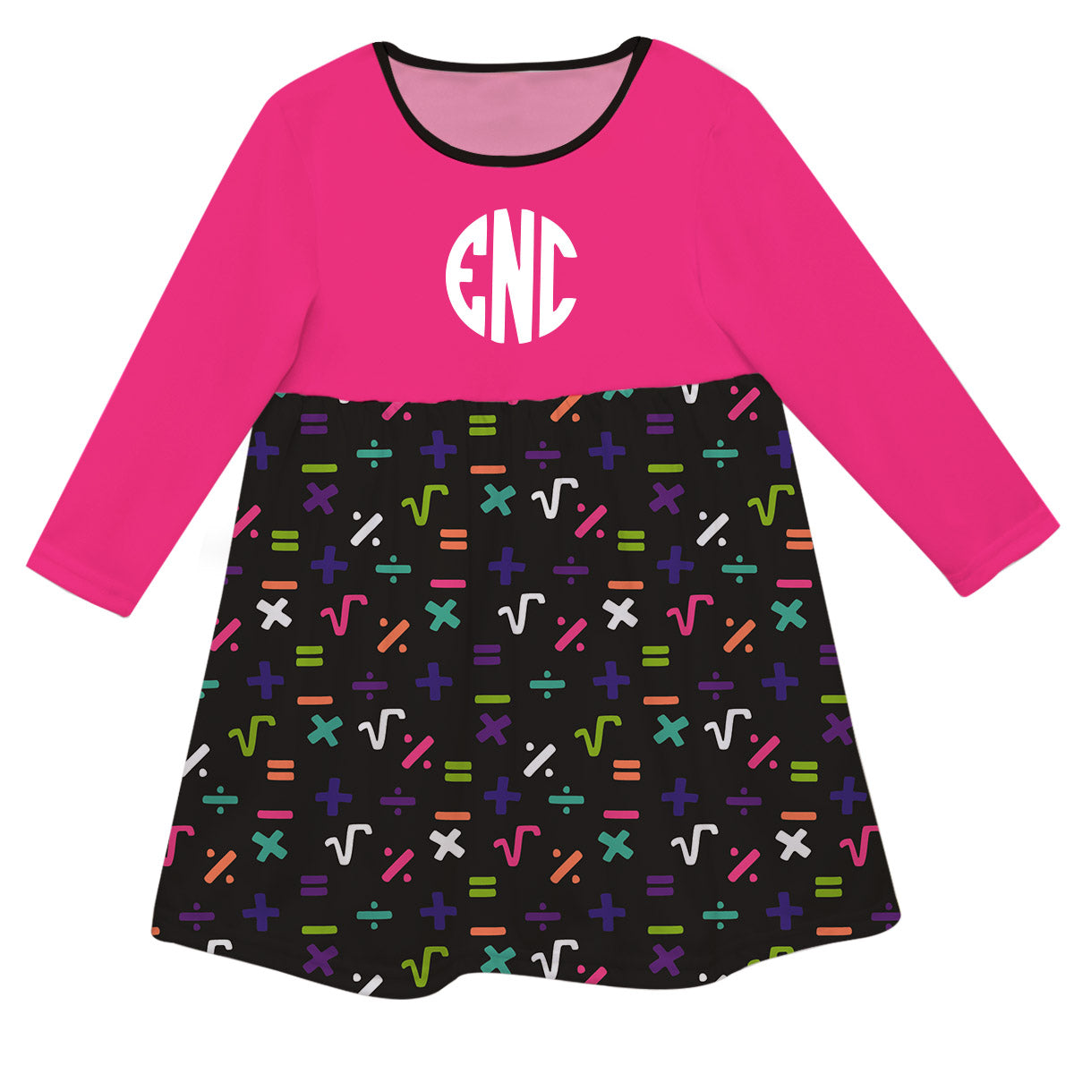Math Symbols Print Monogram Pink And Black Long Sleeve Epic Dress
