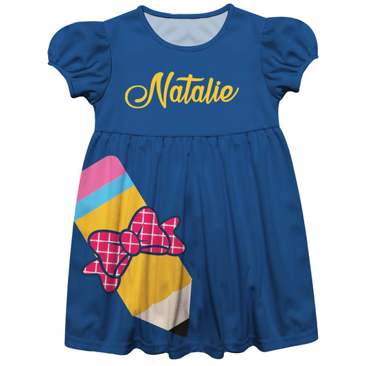 Pencil Bow Personalized Name Blue Short Sleeve Epic Dress - Wimziy&Co.