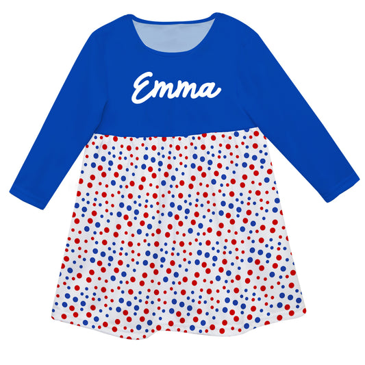 Polka Dots Print Name White And Blue Long Sleeve Epic Dress - Wimziy&Co.