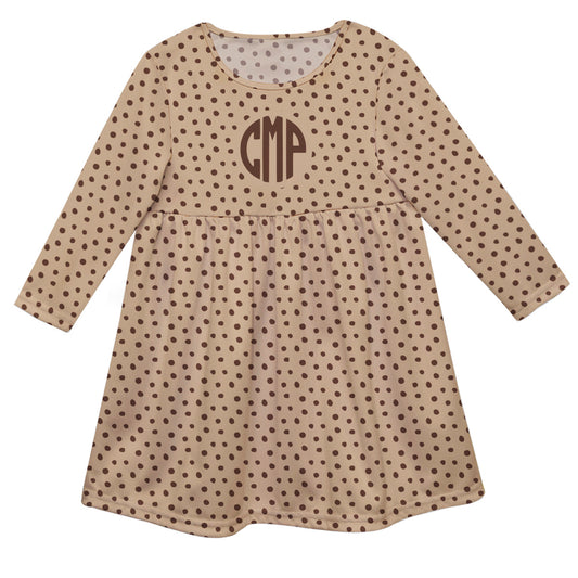 Polka Dots Print Personalized Monogram Beige and Brown Long Sleeve Epic Dress