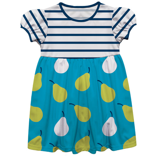 Pears Print Blue White And Navy Stripes Short Sleeve Epic Dress