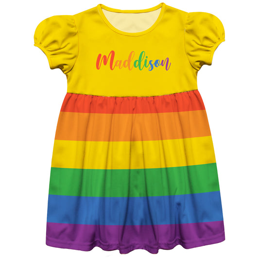 Rainbow Print Personalized Name Yellow Orange and Purple Stripes Short Sleeve Epic Dress