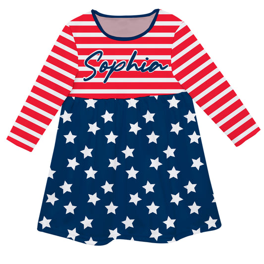 Stars Print Personalized Name Red White and Navy Stripes Long Sleeve Epic Dress