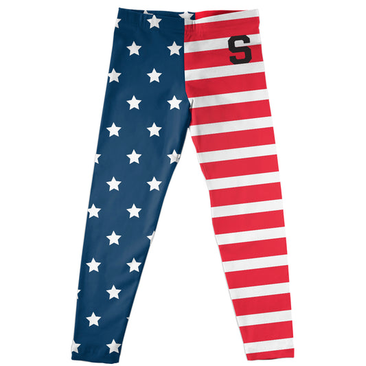 American Flag Personalized Initial Name Navy Red and White Stripes Leggings