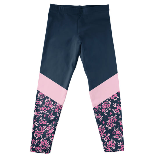 Stripes Flowers Print Navy Pink Leggings