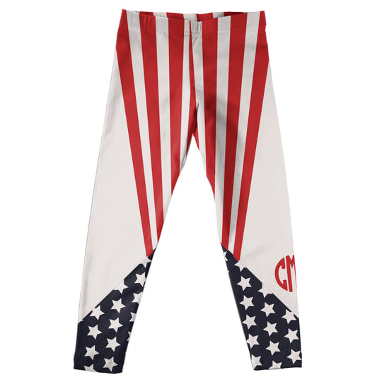 USA Flag Personalized Monogram White and Red Leggings