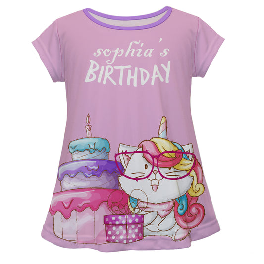 Birthday Caticorn Personalized Name Lilac Short Sleeve Laurie Top