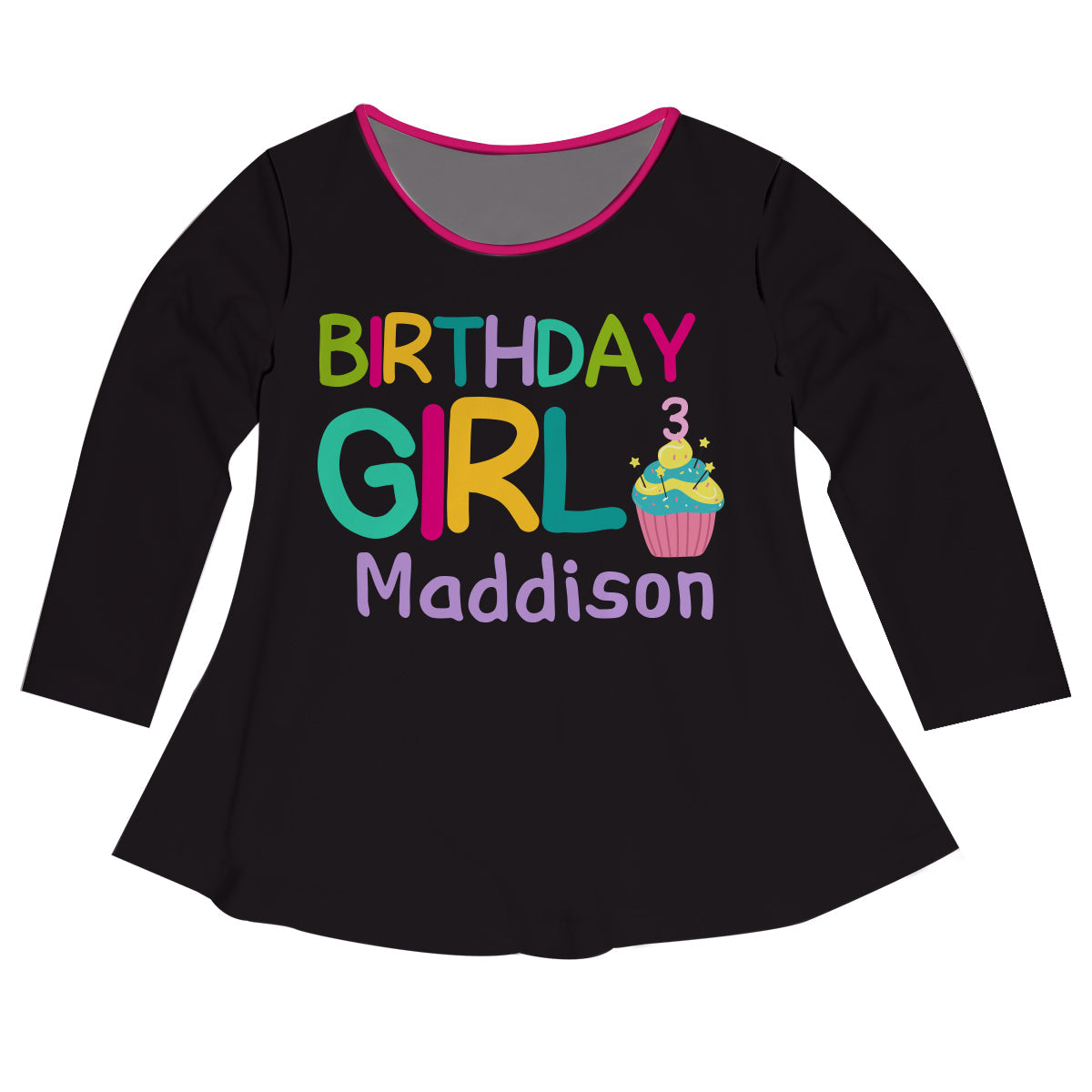 Birthday Girl Name and Number Black Long Sleeve Laurie Top