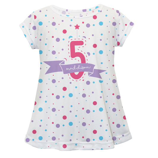 Birthday Personalized Name and Age White Polka Dots Short Sleeve Laurie Top