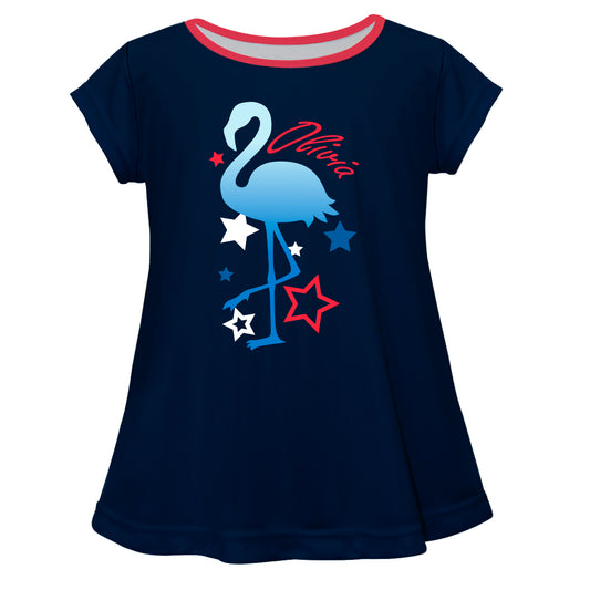 Flamingo Personalized Name Navy Short Sleeve Laurie Top