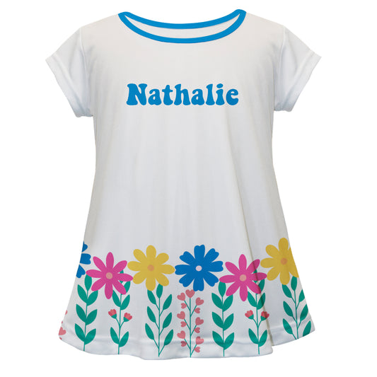 Flowers Personalized Name White Short Sleeve Laurie Top