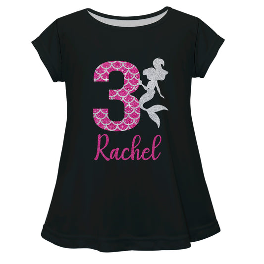 Glitter Mermaid Silhouette Personalized Name and Your Age Black Short Sleeve Laurie Top