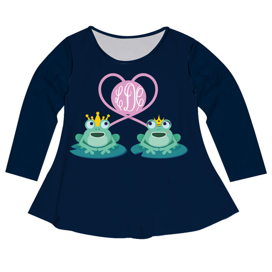 Hearts Frogs Monogram Navy Long Sleeve Laurie Top