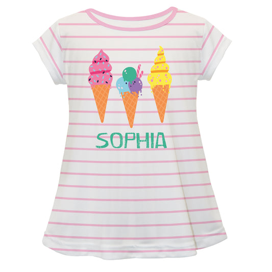 Ice Cream Personalized Name White and Pink Stripes Short Sleeve Laurie Top
