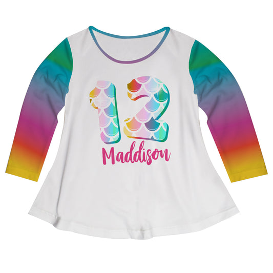 Squama Rainbow Personalized Name and Your Age White Long Sleeve Laurie Top
