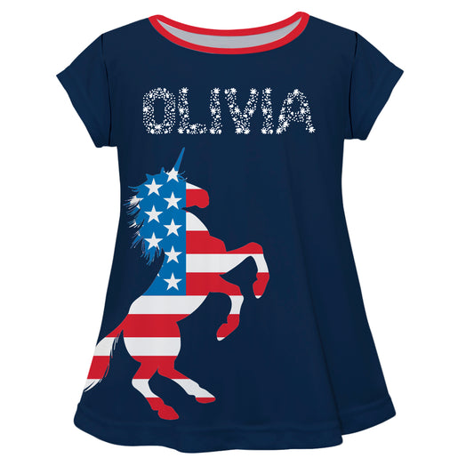 USA Flag Unicorn Personalized Name Navy Short Sleeve Laurie Top