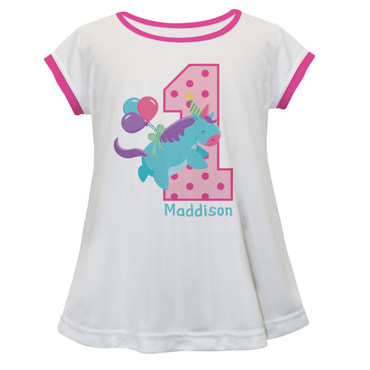 Happy Unicorn Personalized Name and Number White Short Sleeve Laurie Top