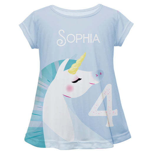 Unicorn Personalized Name and Age Light Blue Short Sleeve Laurie Top