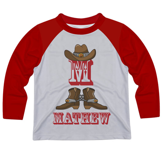 Cowboy Initial and Name White and Red Long Sleeve Tee Shirt