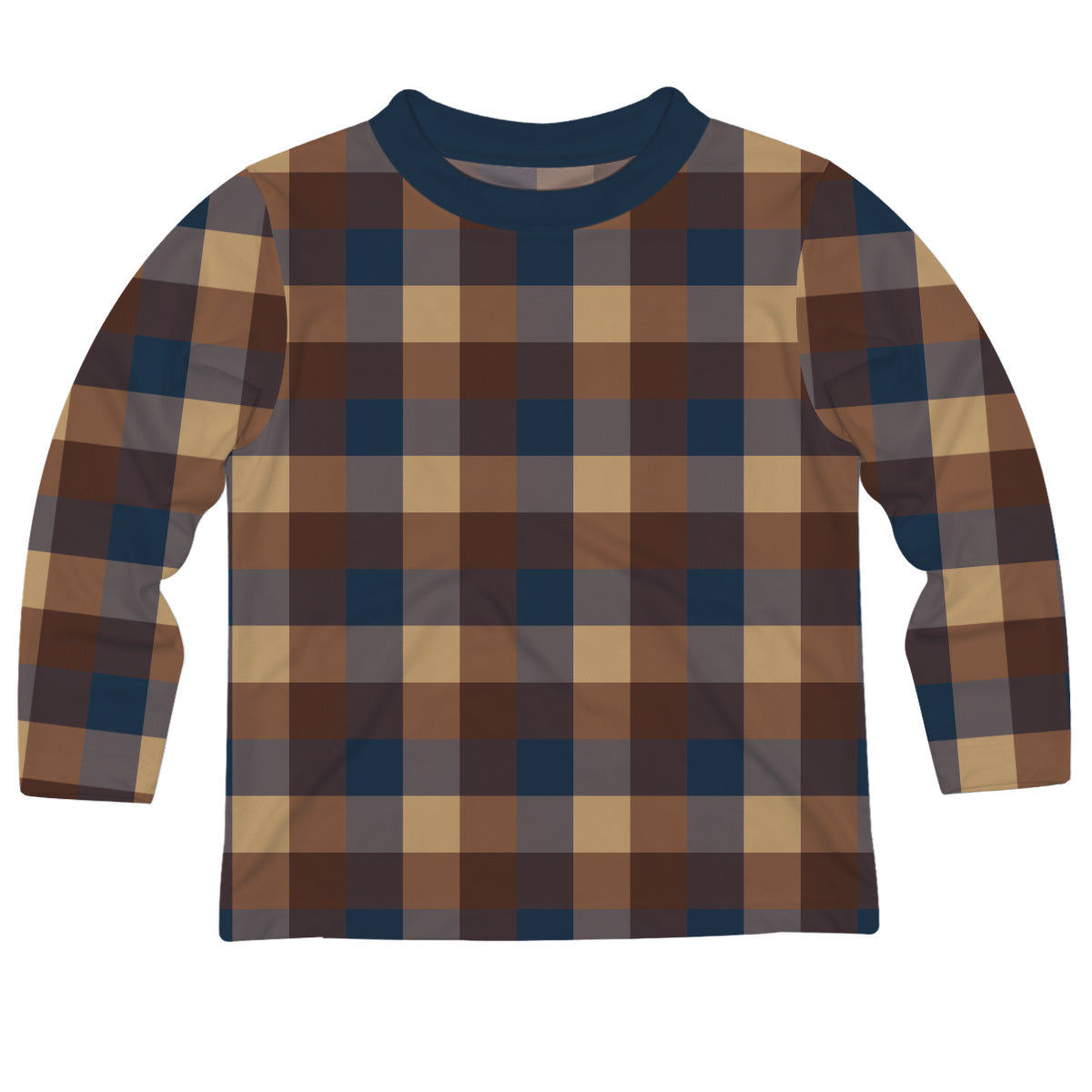 Check Print Brown Beige and Navy Long Sleeve Tee Shirt
