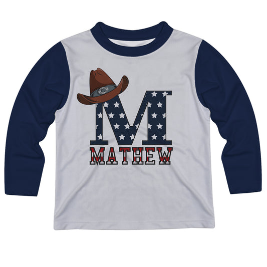 Cowboy Initial and Name White and Navy Long Sleeve Tee Shirt