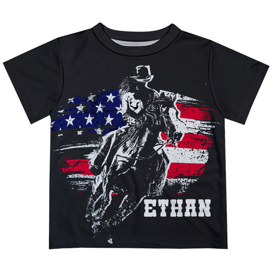 Cowboy and USA Flag Name Black Short Sleeve Tee Shirt