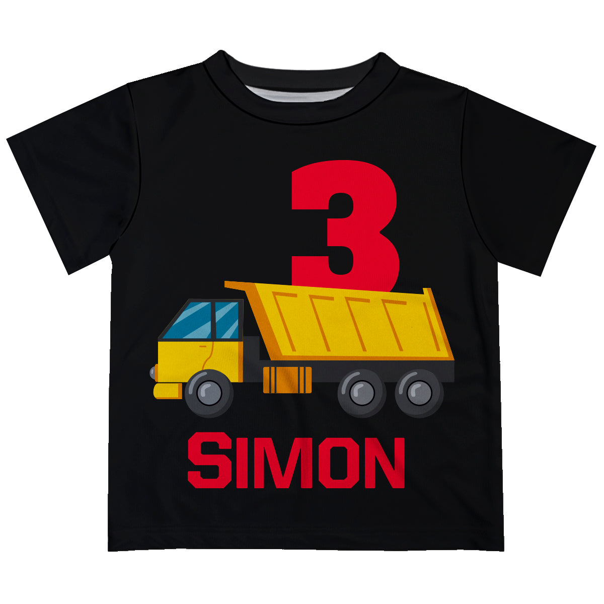 Dump Truck Personalized Name and Age Black Short Sleeve Tee Shirt