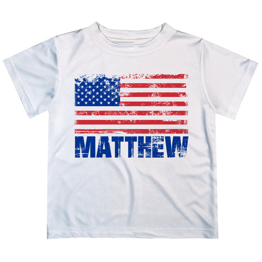 USA Flag Personalized Name White Short Sleeve Tee Shirt