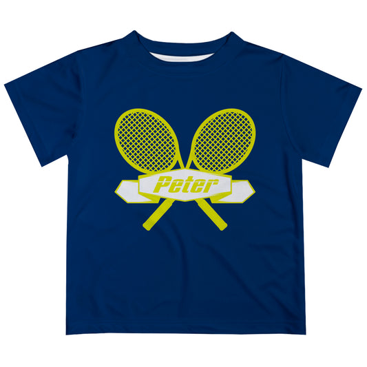 Tennis Personalized Name Navy and Yellow Short Sleeve Tee Shirt