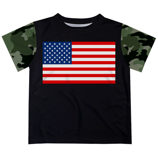 USA Flag Personalized Name Black and Green Camouflage Short Sleeve Tee Shirt