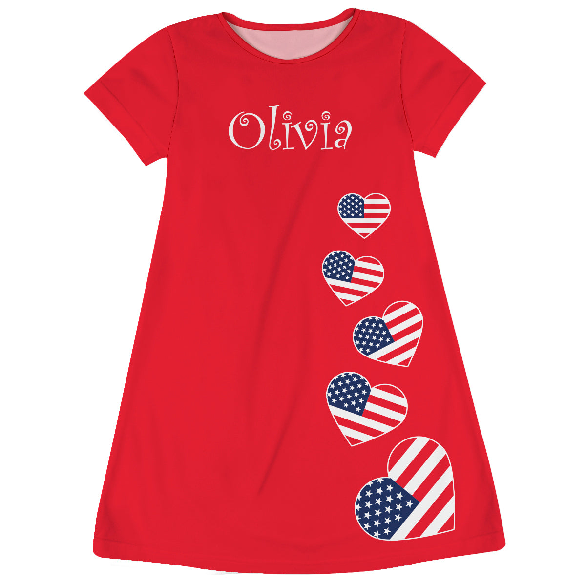 American Flag Heart Personalized Name Red Short Sleeve a Line Dress