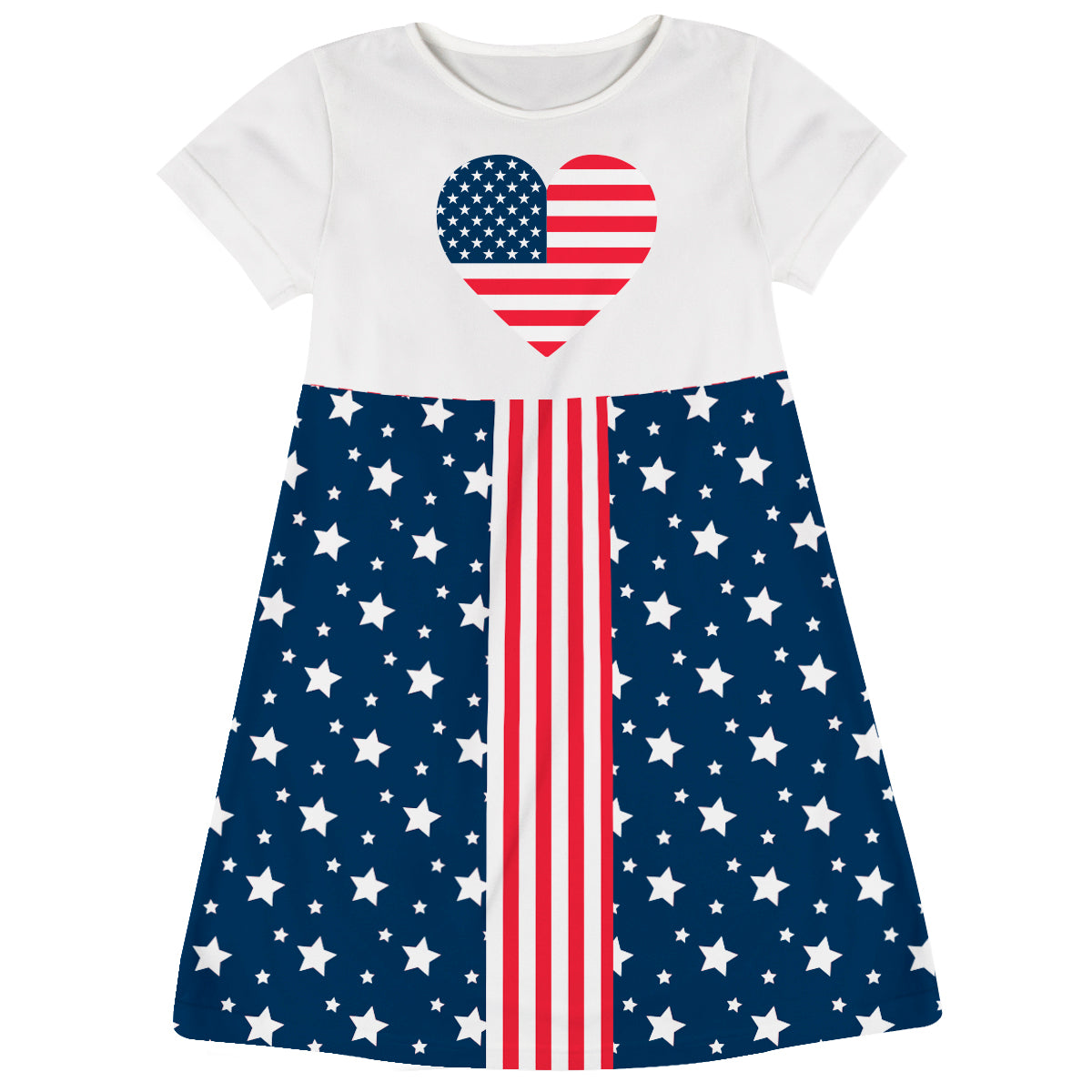 American Heart Stars Print White Navy and Red Stripes Short Sleeve A Line Dress