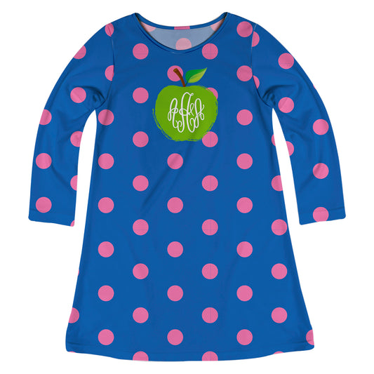 Apple Monogram Royal Polka Dots Long Sleeve A Line Dress - Wimziy&Co.
