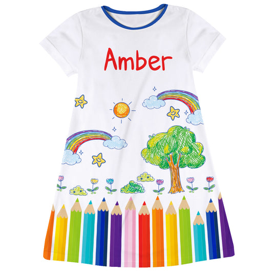 Pencil Personlized Name White Short Sleeve A Line Dress